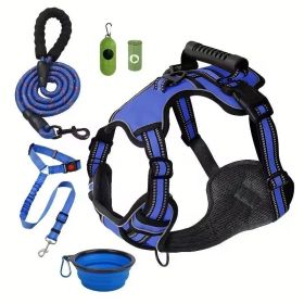 Tactical Service Dog Harness Strap Set, Car Seat Belt, Collapsible Bowl, Biodegradable Trash Bag (Option: Blue-XL)