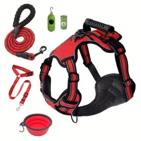 Tactical Service Dog Harness Strap Set, Car Seat Belt, Collapsible Bowl, Biodegradable Trash Bag (Option: Red-XL)