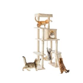 63-inch Cat Tree Tower, Climbing Tower, Natural Sisal Grabber Posts, Extended Platform, Hammock (Option: Beige)