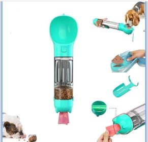 Portable 4-in-1 Pet Water Bottle With Food Storage, Poop Bag Dispenser, and Spoon. 300ml Capacity. Available In Yellow, Pink, Green, and Other Colors. (Color: green)