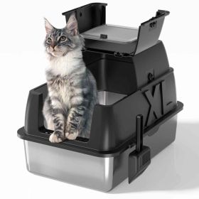 Stainless Steel Cat Litter Box with Lid - XL 18" Deep for Big Cats,180° Flip-Top, Odor-Free & Anti-Leak with Scoop (Color: black, size: 24"L x 16"W x 18"H)