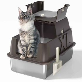 Stainless Steel Cat Litter Box with Lid - XL 18" Deep for Big Cats,180° Flip-Top, Odor-Free & Anti-Leak with Scoop (Color: Coffee White, size: 24"L x 16"W x 18"H)