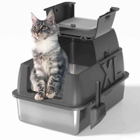 Stainless Steel Cat Litter Box with Lid - XL 18" Deep for Big Cats,180° Flip-Top, Odor-Free & Anti-Leak with Scoop (Color: DARK GREY, size: 24"L x 16"W x 18"H)