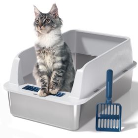 Stainless Steel Cat Litter Box with High Sides Lid, Extra Large XL for Big Cats (Color: Light Grey, size: 24"L x 16"W x 11"H)