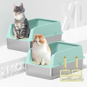 Stainless Steel Cat Litter Box with High Sides Lid, Extra Large XL for Big Cats (Color: 2PK-Macaron Green, size: 24"L x 16"W x 11"H)