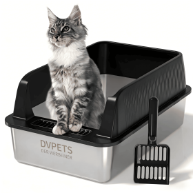 Stainless Steel Cat Litter Box with High Sides Lid, Extra Large XL for Big Cats (Color: black, size: 24"L x 16"W x 11"H)