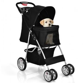 Simple Desight Foldable 4-Wheel Pet Stroller With Storage Basket (Color: black, Type: Pets)