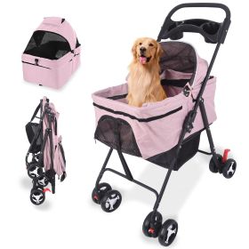 3 in 1 Stroller, 4 Wheels Pet Stroller Stroller for Medium Small Dog Cats Up to 50lbs (Color: pink)
