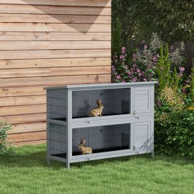54" 2-Story Large Rabbit Hutch Bunny Cage Wooden Pet House Small Animal Habitat with Lockable Doors (Color: Grey)