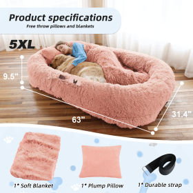 Human Dog Bed Large Washable Faux Fur Orthopedic Pet Bed (Color: pink, size: 5XL(63"L ×31.4"W ×9.5"Th))