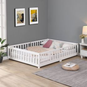 Twin Size Floor Bed with Door Solid Wood Platform Frame Fence (Color: White)