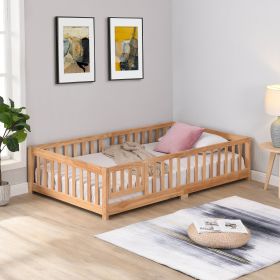 Twin Size Floor Bed with Door Solid Wood Platform Frame Fence (Color: Natural)