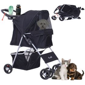 Dog Stroller, One-click Folding Pet Stroller with Cup Holder, 4 Wheels Travel Carrier w/ Brakes (Color: black)