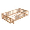 Twin Size Floor Bed with Door Solid Wood Platform Frame Fence