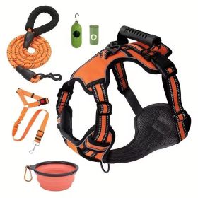 Tactical Service Dog Harness Strap Set, Car Seat Belt, Collapsible Bowl, Biodegradable Trash Bag (Option: Orange-XS)